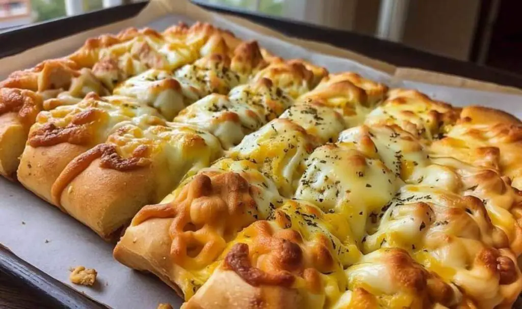 Golden baked cheesy garlic breadsticks fresh from the oven with melted mozzarella cheese
