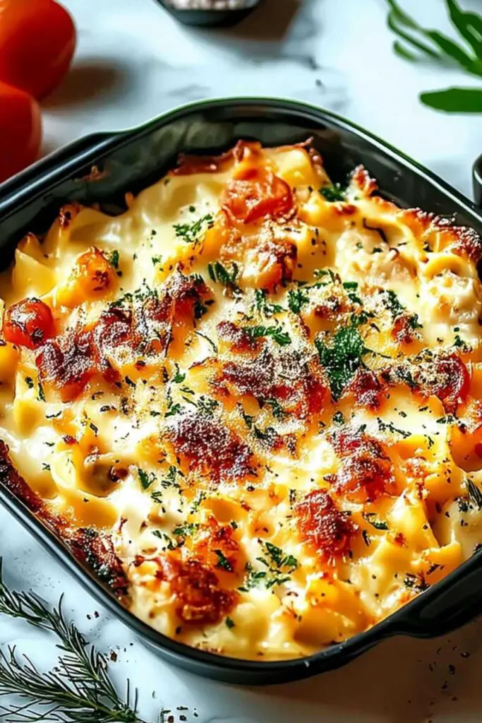 Chicken Alfredo Bake with golden melted mozzarella cheese and fresh parsley garnish in baking dish