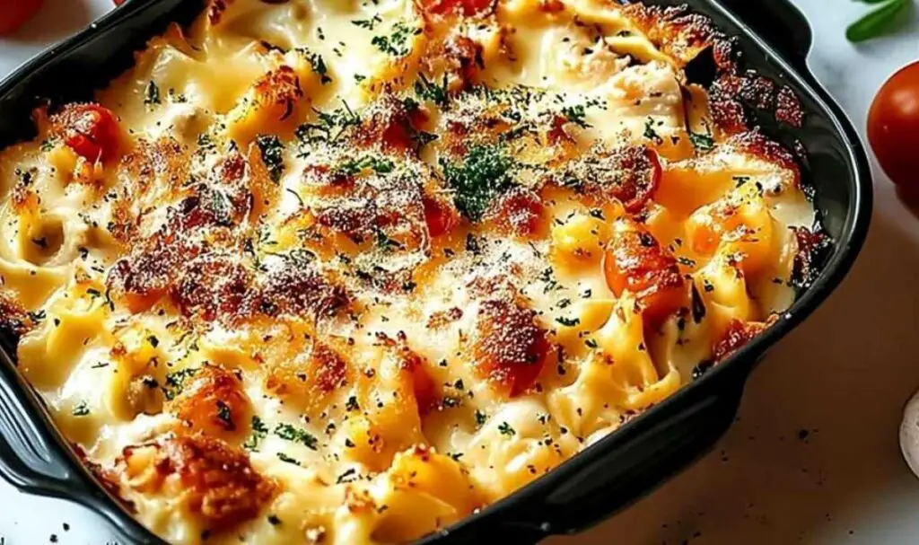 Making Chicken Alfredo Bake sauce with cream and parmesan cheese in skillet