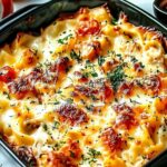 Chicken Alfredo Bake ingredients including fettuccine pasta chicken cream and mozzarella cheese