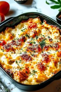 Chicken Alfredo Bake ingredients including fettuccine pasta chicken cream and mozzarella cheese