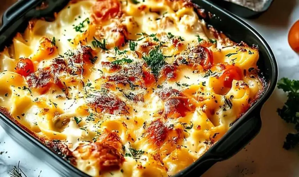 Chicken Alfredo Bake ingredients including fettuccine pasta chicken cream and mozzarella cheese