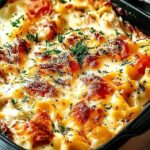 Chicken Alfredo Bake ingredients including fettuccine pasta chicken cream and mozzarella cheese