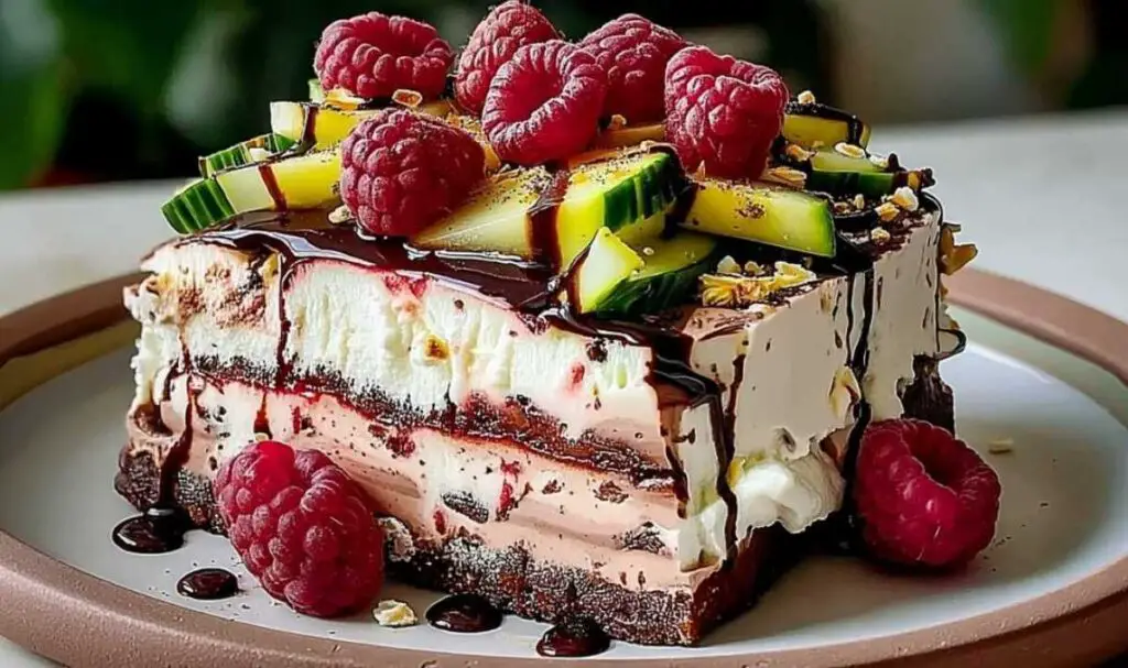 Chocolate and raspberry mousse cake with dark chocolate mirror glaze on white plate