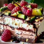 Dark chocolate mirror glaze being poured over chilled mousse cake