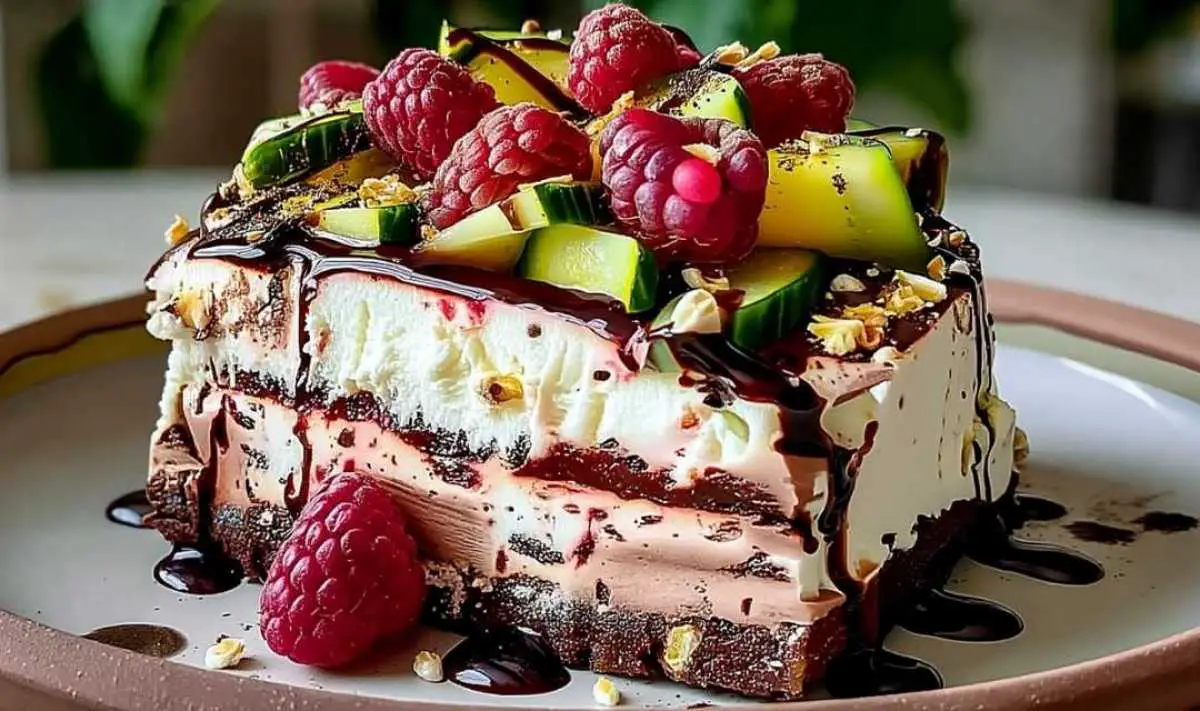 Dark chocolate mirror glaze being poured over chilled mousse cake