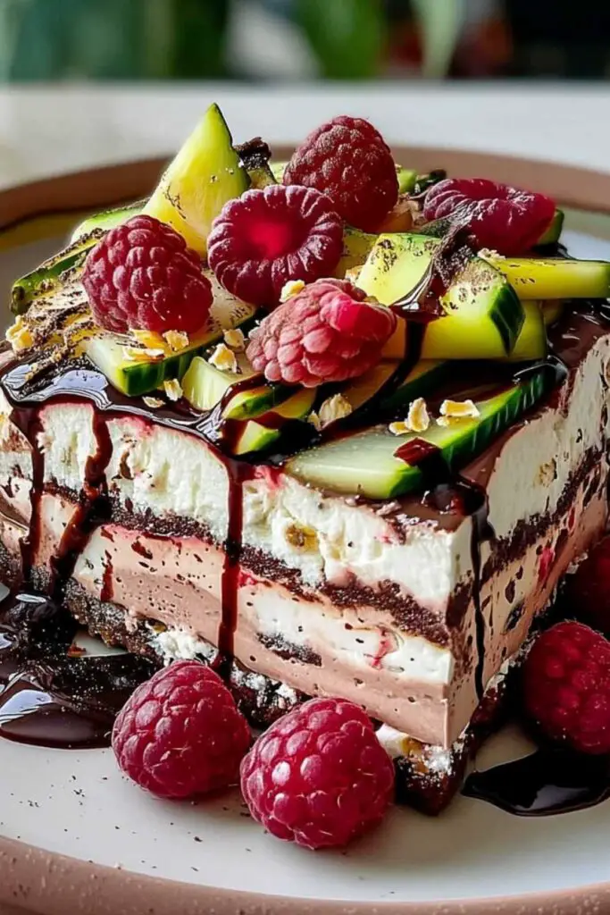 Dark chocolate mirror glaze being poured over chilled mousse cake