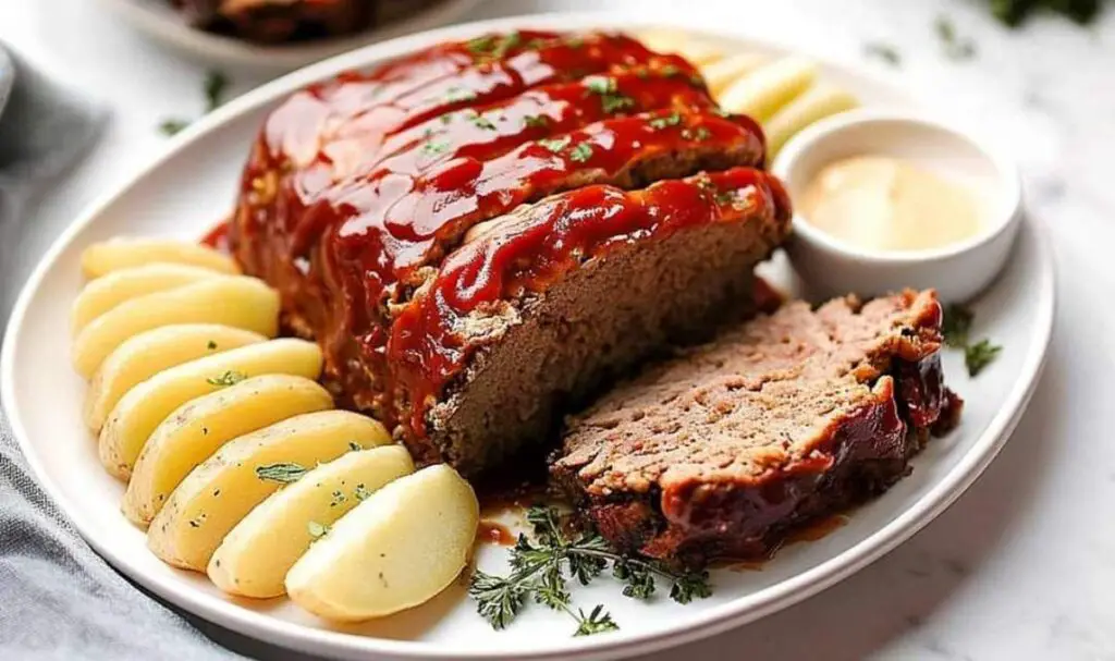 Classic homemade meatloaf with ketchup glaze on white plate