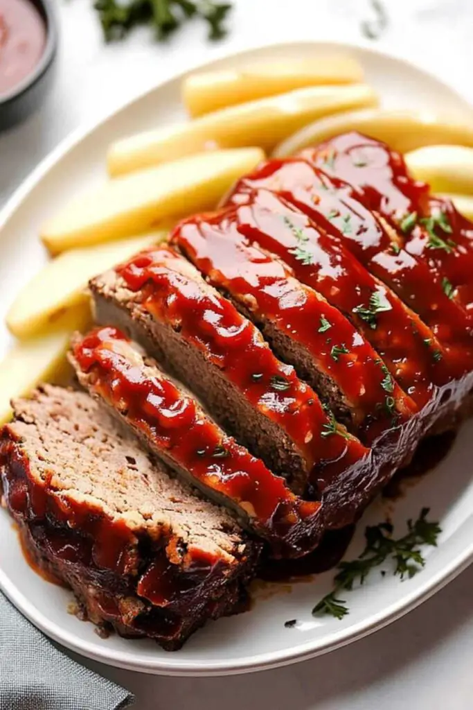Classic homemade meatloaf dinner with mashed potatoes and green beans