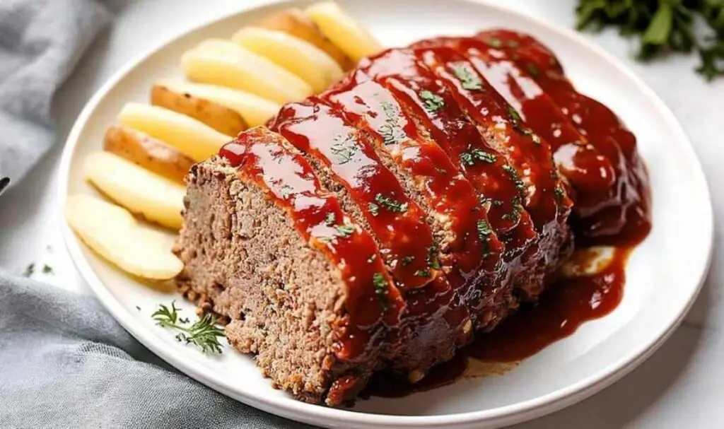 Classic homemade meatloaf dinner with mashed potatoes and green beans