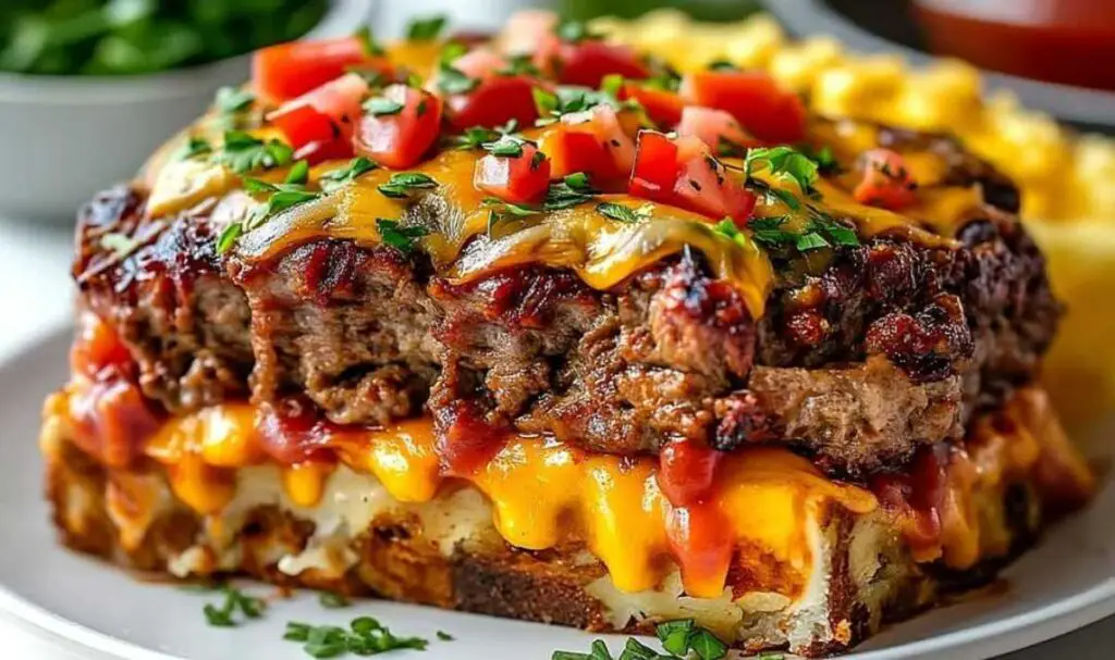 cheesesteak meatloaf served with mashed potatoes and green beans
