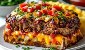 cheesesteak meatloaf served with mashed potatoes and green beans