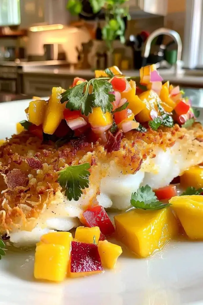 Coconut crusted fish with mango salsa served on white plate with lime wedges