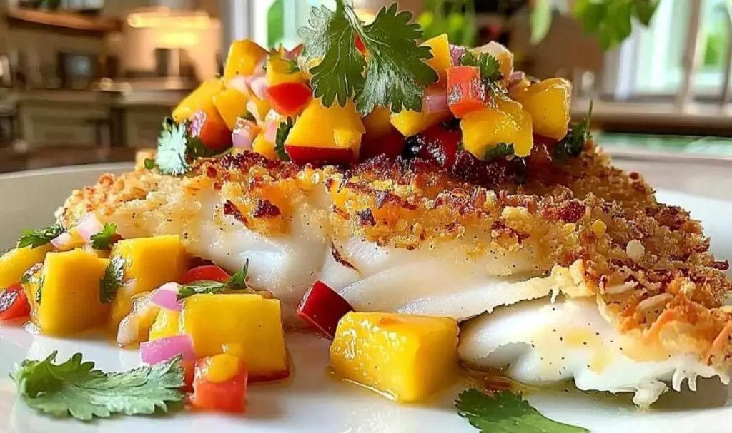 Raw fish fillets being coated in coconut breadcrumb mixture for coconut crusted fish
