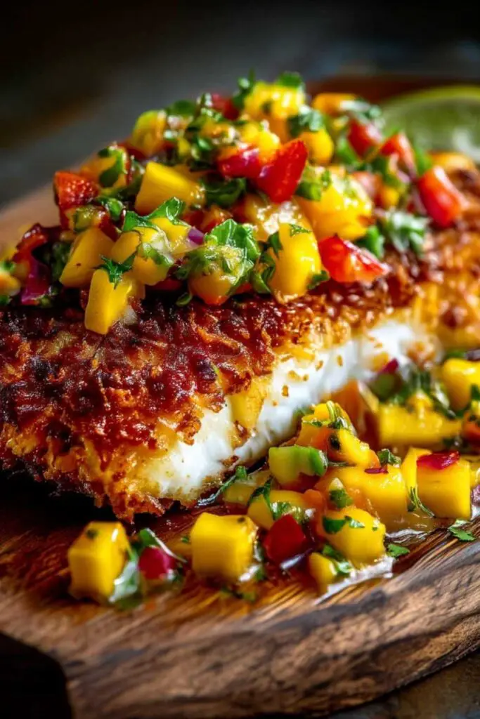 Coconut crusted fish with mango salsa served on white plate with lime wedge