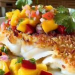 Fresh mango salsa with cilantro red onion and lime for coconut crusted fish