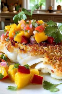 Fresh mango salsa with cilantro red onion and lime for coconut crusted fish