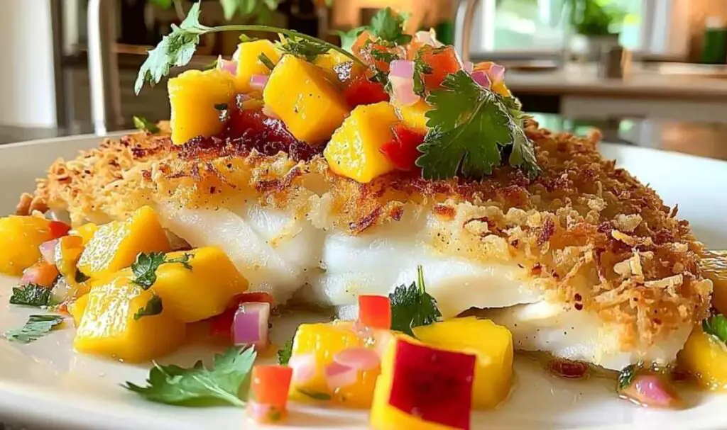 Fresh mango salsa with cilantro red onion and lime for coconut crusted fish