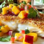 Fresh mango salsa with cilantro red onion and lime for coconut crusted fish