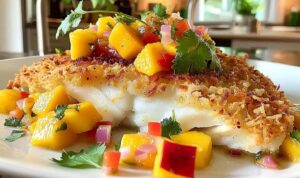 Fresh mango salsa with cilantro red onion and lime for coconut crusted fish
