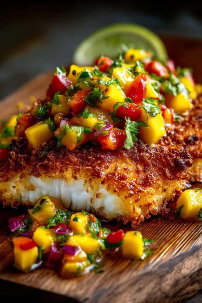 Fresh mango salsa with diced mango red onion bell pepper and cilantro