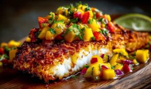 Fresh mango salsa with diced mango red onion bell pepper and cilantro