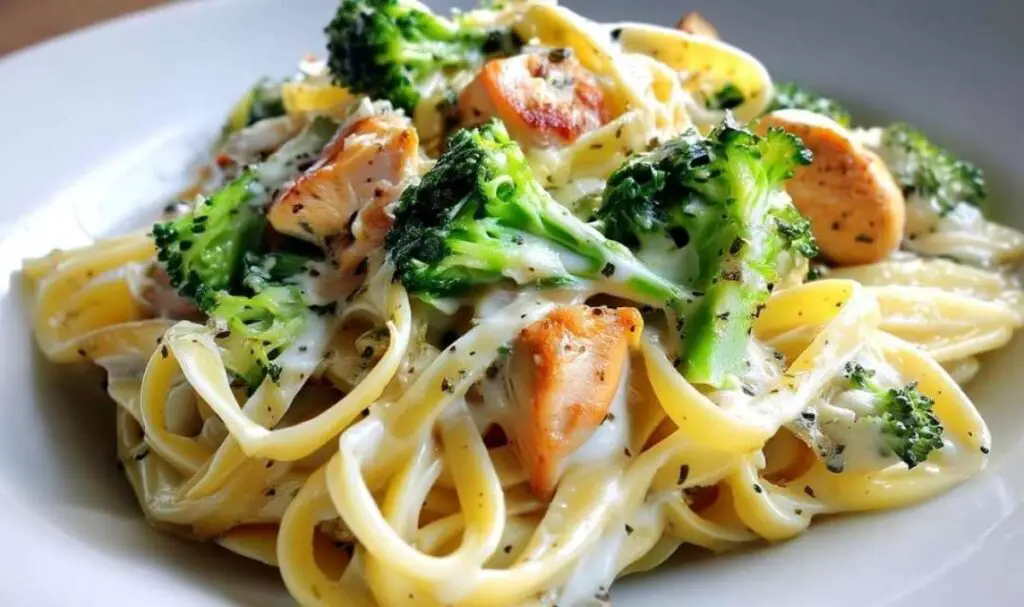 Cooking chicken and broccoli pasta ingredients in skillet before adding cream sauce