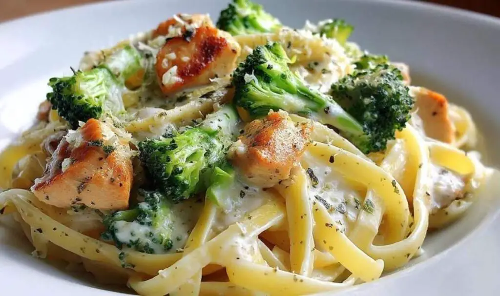 Plated creamy chicken and broccoli pasta with extra Parmesan cheese and fresh herbs