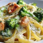 Plated creamy chicken and broccoli pasta with extra Parmesan cheese and fresh herbs