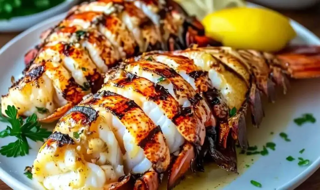 Creamy garlic butter lobster tails broiling in oven with golden tops