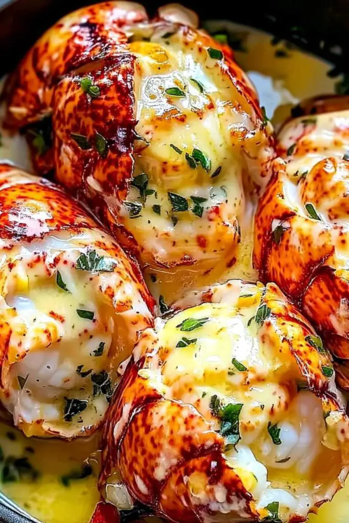 Fresh lobster tails being prepared with kitchen shears for creamy garlic butter recipe