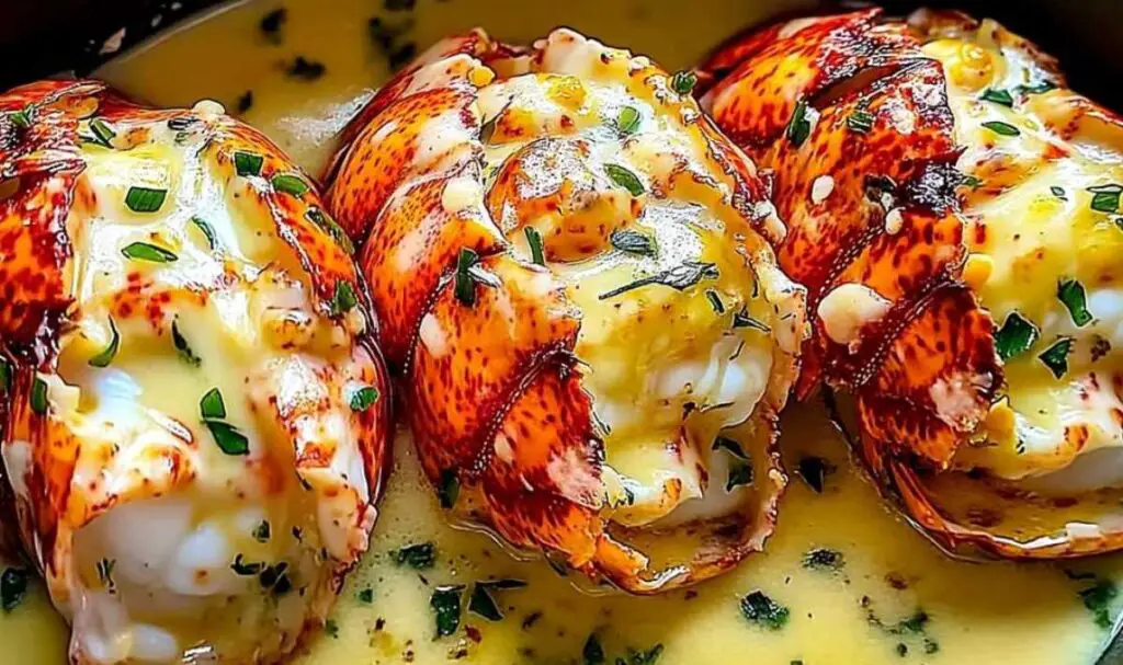 Creamy garlic butter sauce simmering in saucepan for lobster tails recipe