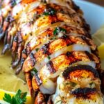 Finished creamy garlic butter lobster tails with cream sauce and parsley garnish