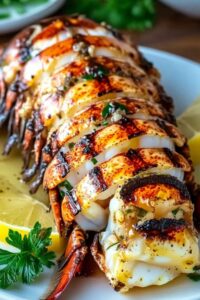 Finished creamy garlic butter lobster tails with cream sauce and parsley garnish