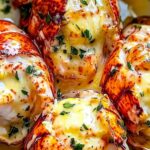 Baked creamy garlic butter lobster tails garnished with fresh parsley on white plate