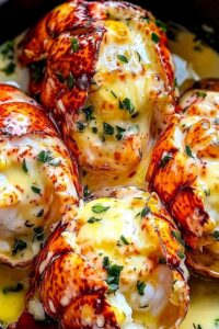 Baked creamy garlic butter lobster tails garnished with fresh parsley on white plate