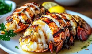 Finished creamy garlic butter lobster tails with cream sauce and parsley garnish