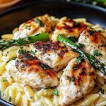 Orzo pasta cooking in chicken broth in large skillet for creamy Parmesan orzo chicken recipe
