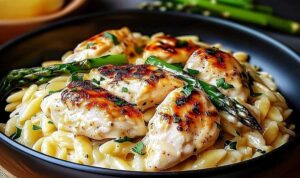 Ingredients for creamy Parmesan orzo chicken including chicken breasts orzo pasta and Parmesan cheese