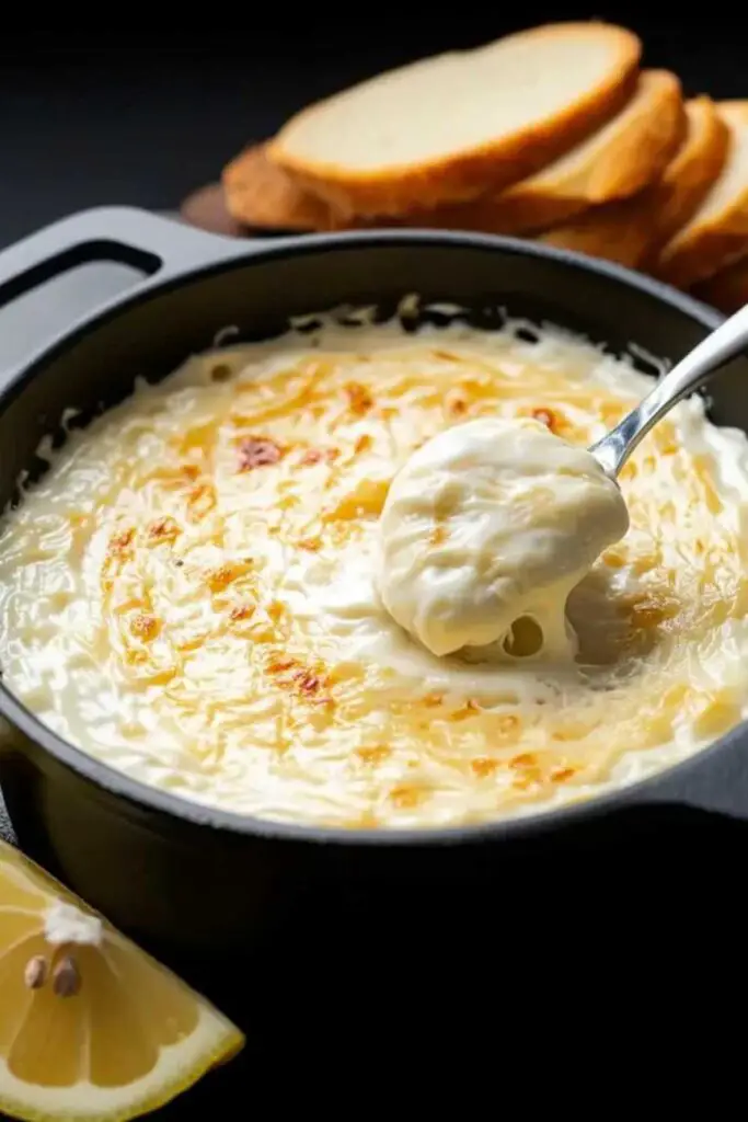 Creamy roasted garlic parmesan dip served warm in ceramic bowl with crackers