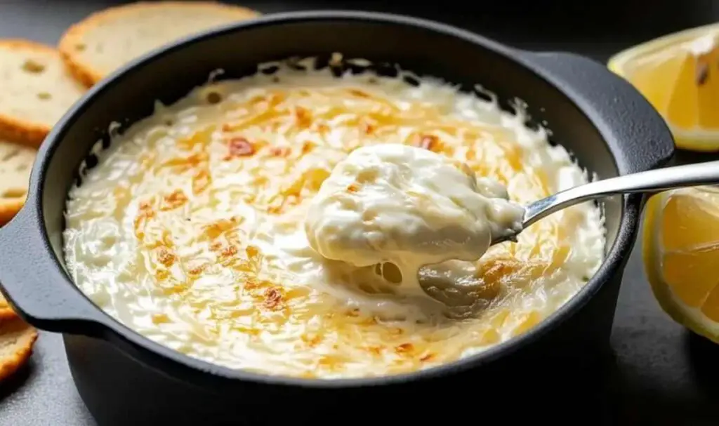 Creamy roasted garlic parmesan dip served with vegetables crackers and bread