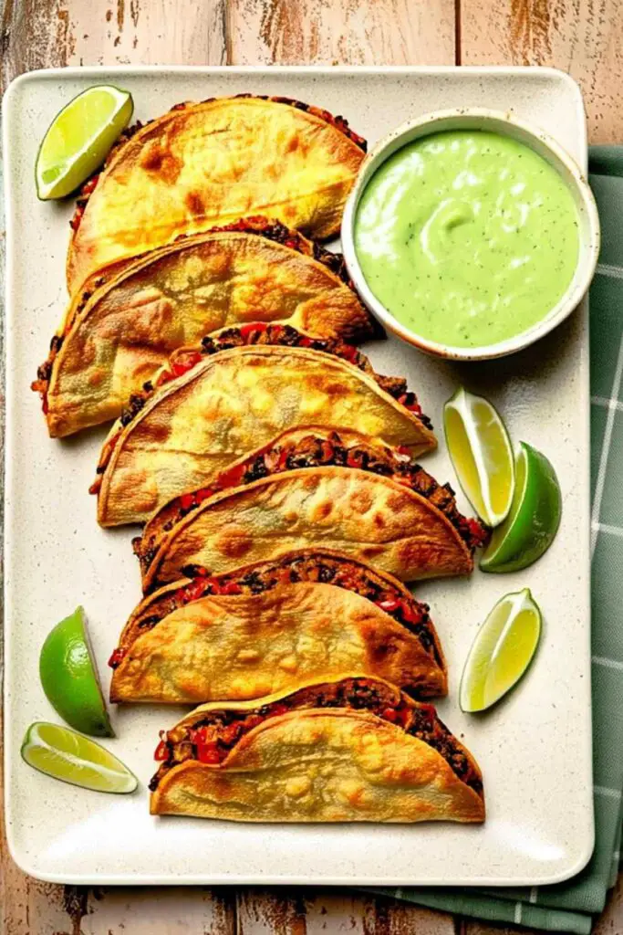 Crispy black bean tacos served with avocado slices and salsa verde