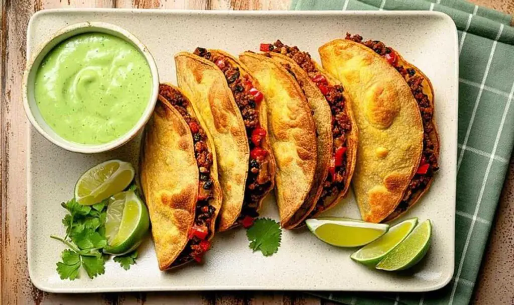 Crispy black bean tacos served with avocado slices and salsa verde
