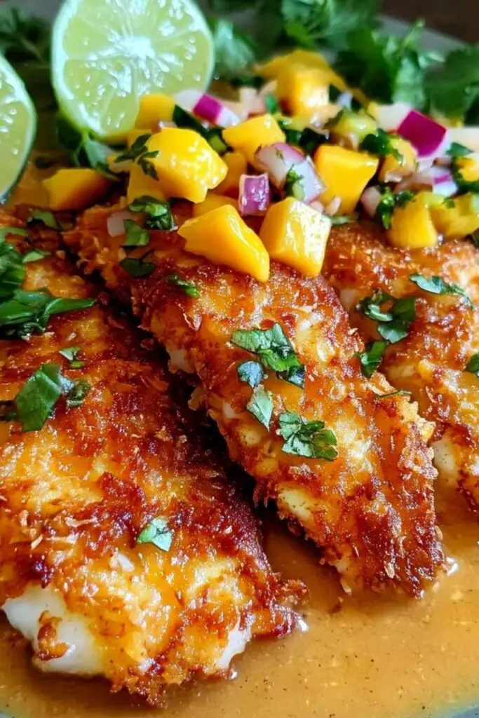 Crispy coconut-curry fish with mango salsa served on white plate with lime wedges