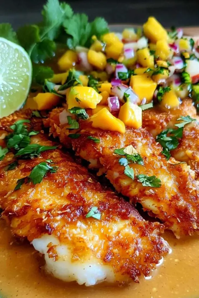 Fresh mango salsa with cilantro and lime for coconut curry fish recipe