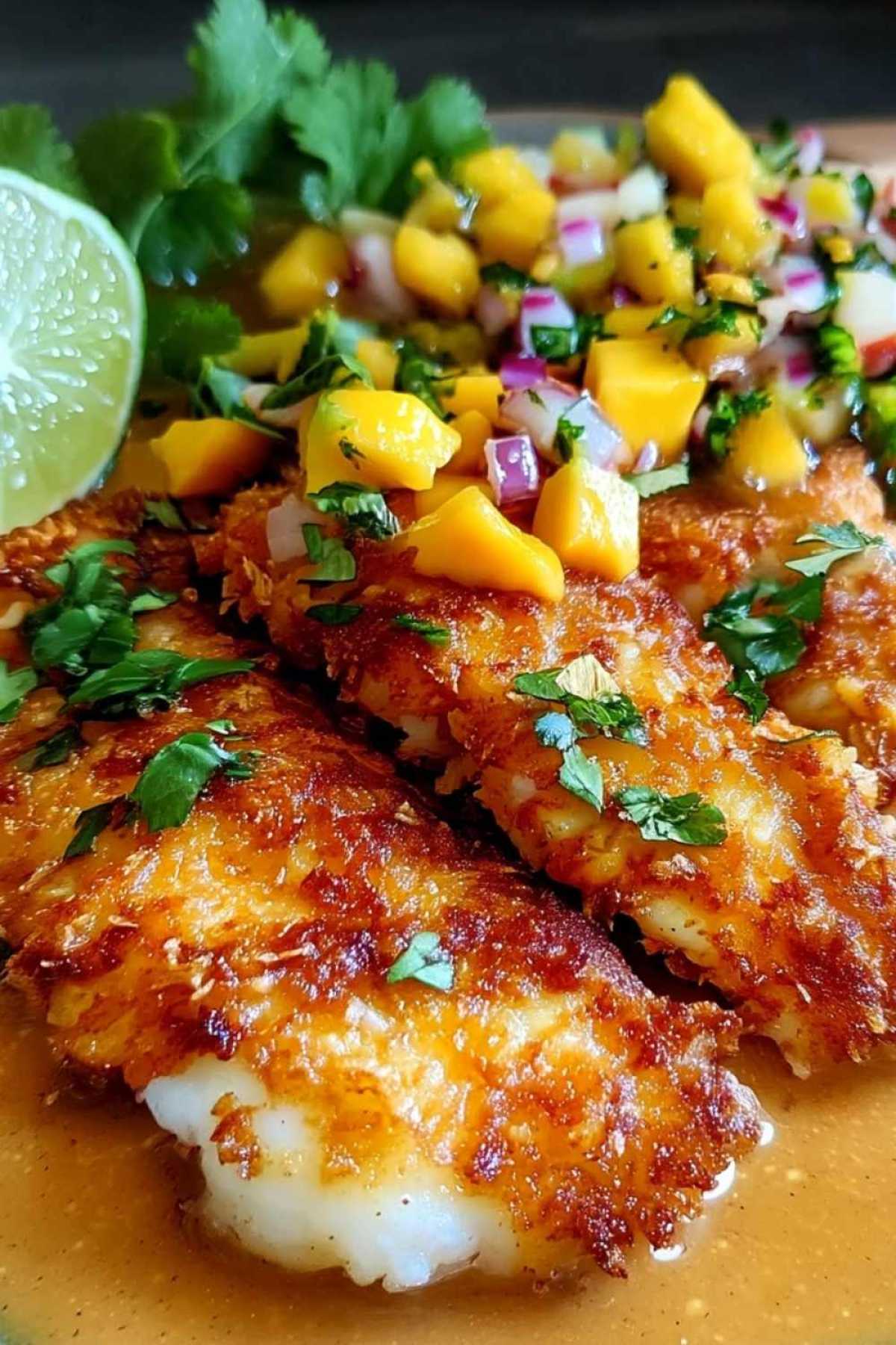 Fresh mango salsa with cilantro and lime for coconut curry fish recipe