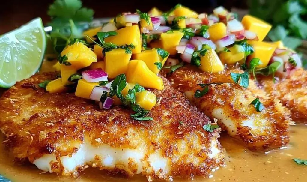 Fresh mango salsa with cilantro and lime for coconut curry fish recipe