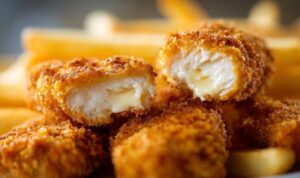 Golden brown crispy Parmesan chicken tenders fresh from the oven on parchment paper