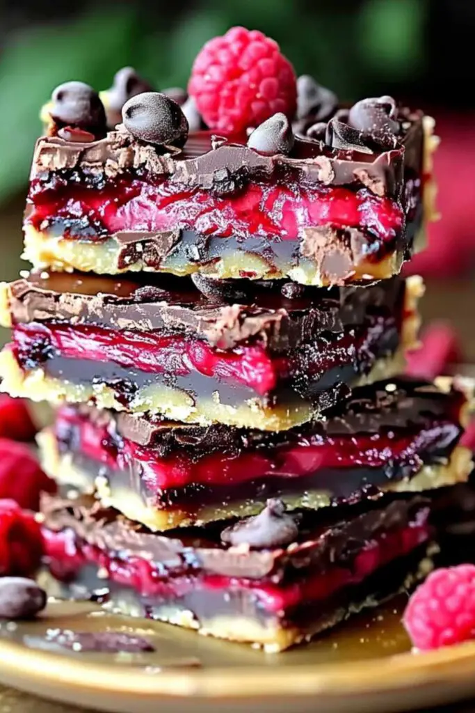 Dark chocolate raspberry pie bars cut into squares on white plate