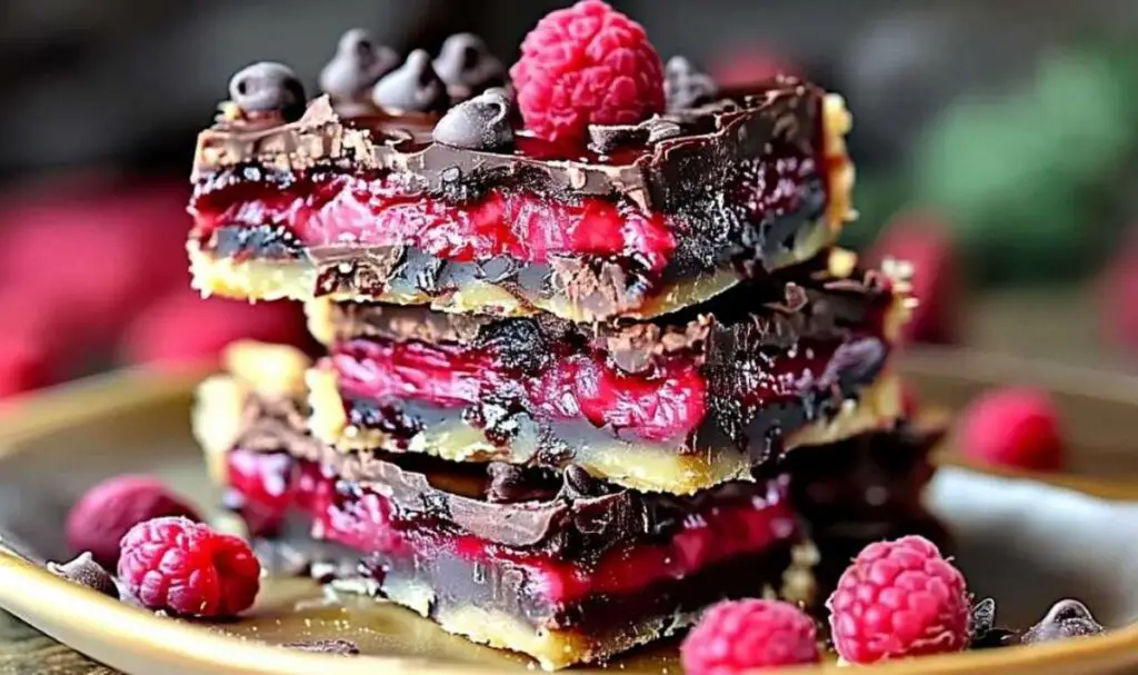 Ingredients for dark chocolate raspberry pie bars including chocolate chips and fresh raspberries
